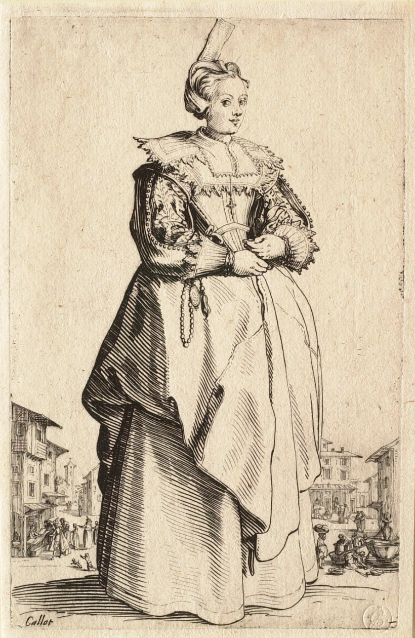 Damen med den lille hodepryden trukket bakover (La Dame à la petite coiffe relevée en arrière) av Jacques Callot