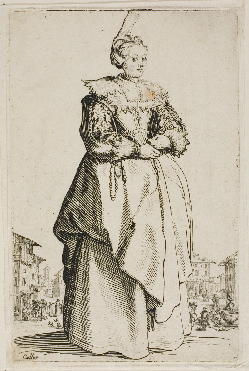Damen med den lille hevede hatten, plate én fra La Noblesse av Jacques Callot