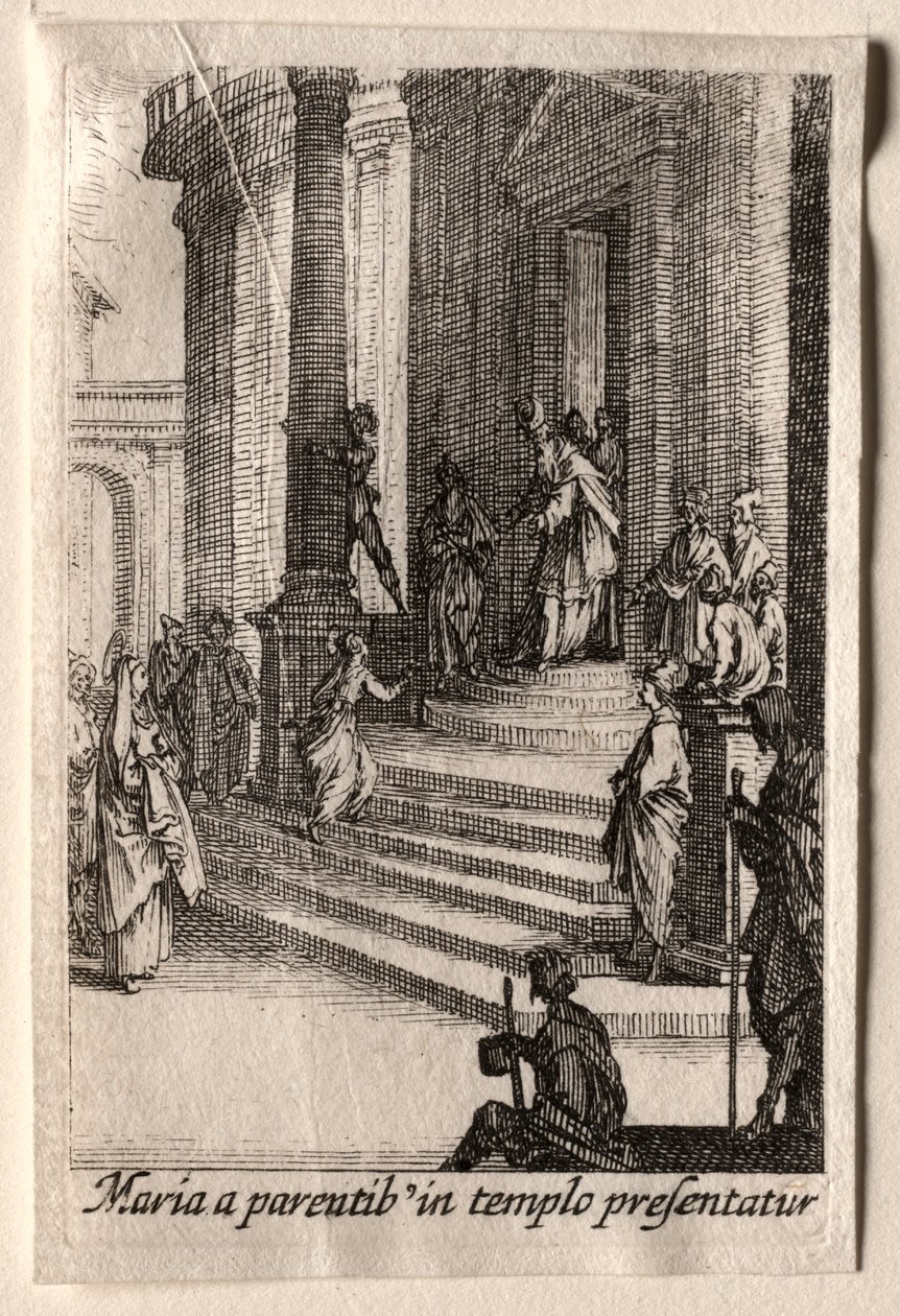 Jomfruens liv: Presentasjonen av jomfruen i tempelet. av Jacques Callot