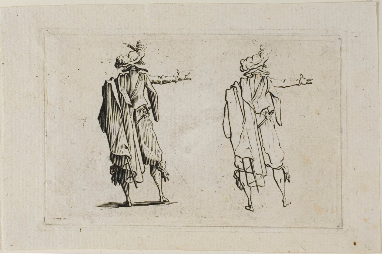Mannen sett fra baksiden, høyre arm hevet, fra The Caprices av Jacques Callot