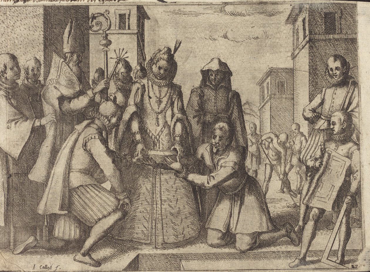 Dronningen legger den første steinen til kirken til de fattige Clares i Spania [verso] av Jacques Callot