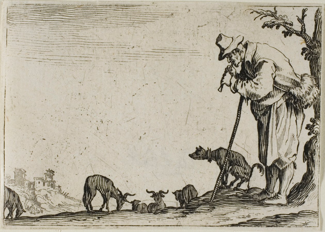 Shepherd Playing a Flute, fra The Caprices av Jacques Callot