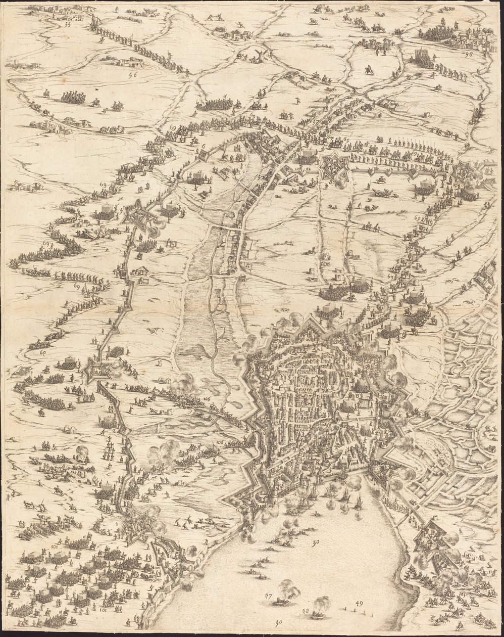Beleiringen av La Rochelle [plate 6 av 16; sett består av 1952.8.97-112] av Jacques Callot