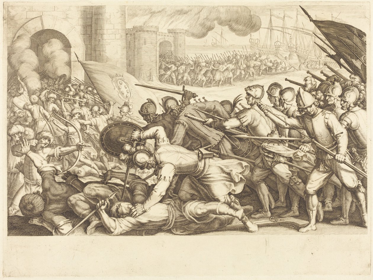 Tropper som bryter opp byporten av Jacques Callot