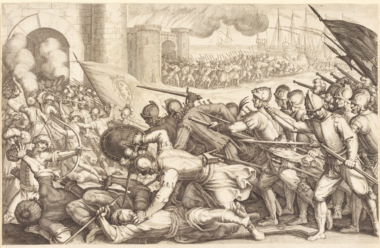 Troppene som tvinger seg gjennom porten til en by av Jacques Callot