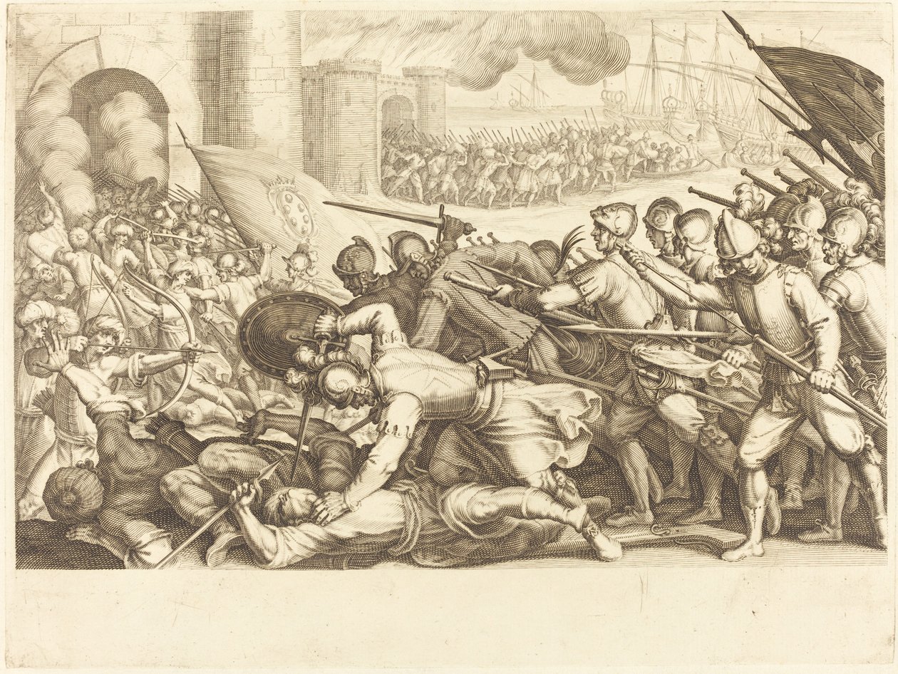 Troppene som tvinger porten til en by, ca. 1614. av Jacques Callot