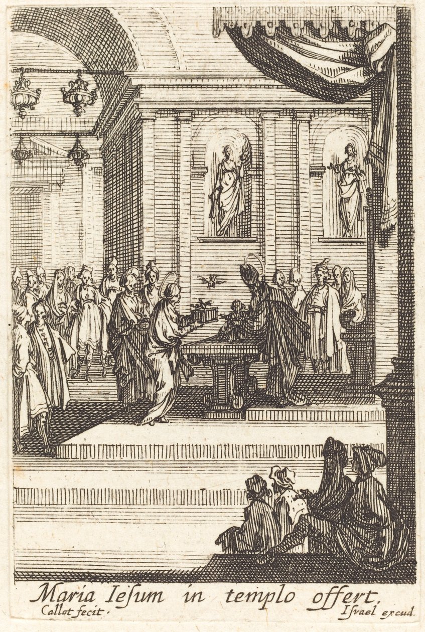 Jomfruen presenterer Jesus ved tempelet av Jacques Callot