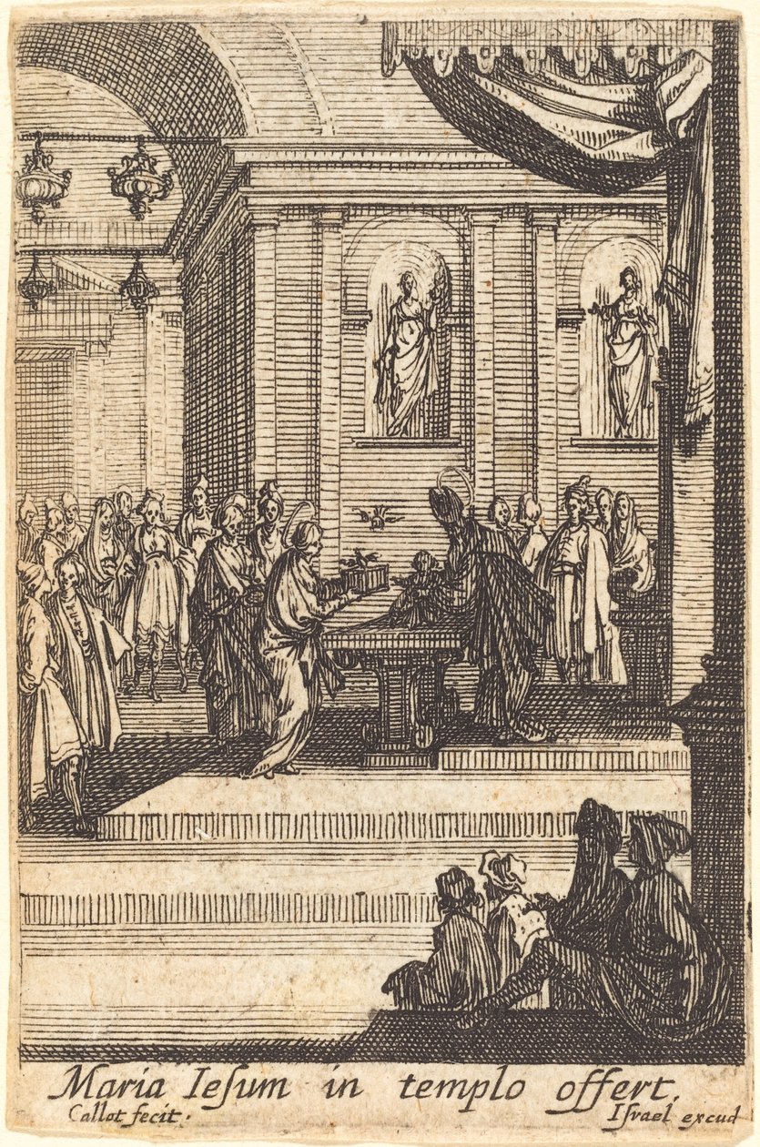 Jomfruen presenterer Jesus ved tempelet, i eller etter 1630. av Jacques Callot