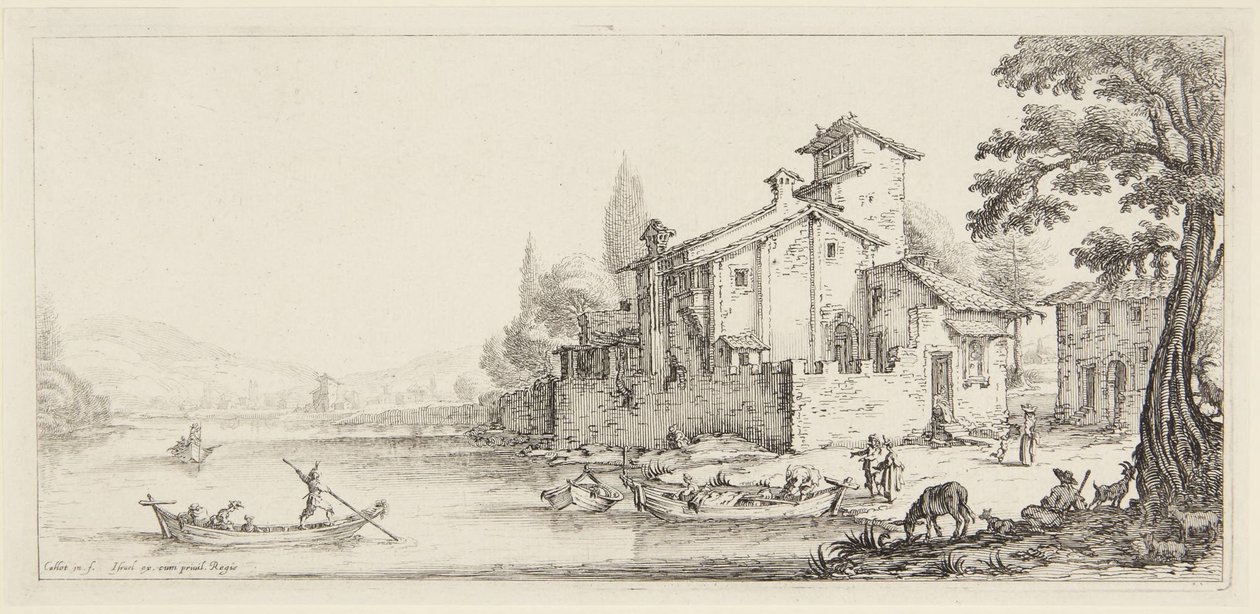 Spaserturen ved vannet, fra serien Paysages Gravées pour Jean de Médicis, Paysages Dessinés à Florence (Landskaper for Giovanni de Medici eller landskaper utformet i Firenze) av Jacques Callot