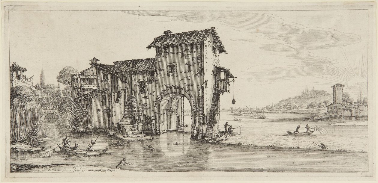 Vannmøllen, fra serien Diverse Vedute Designate in Fiorenza (Forskjellige landskap tegnet i Firenze) av Jacques Callot