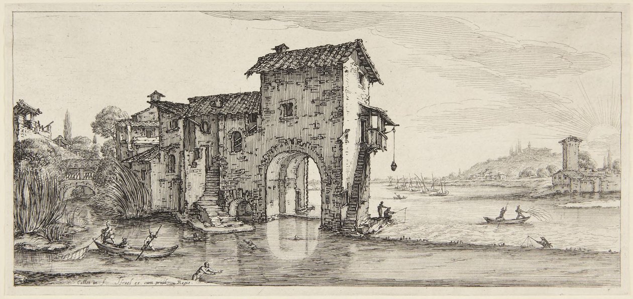 Vannmøllen, fra serien Paysages Gravées pour Jean de Médicis, Paysages Dessinés à Florence av Jacques Callot