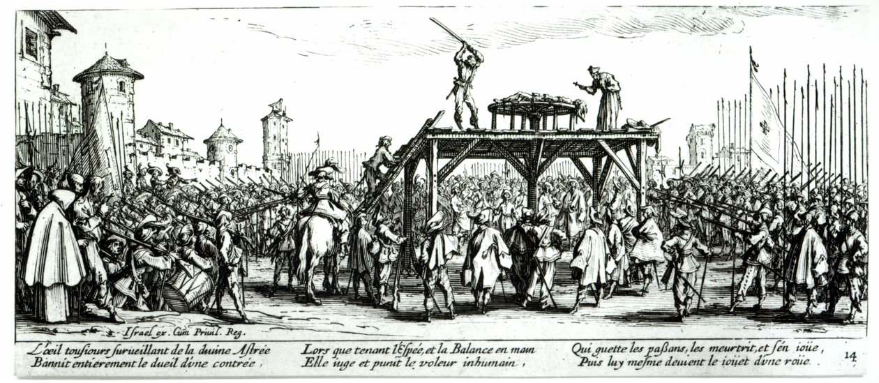 The Wheel, plate 14 fra 'The Miseries and Misfortunes of War', gravert av Israel Henriet (ca. 1590-1661) 1633 av Jacques Callot