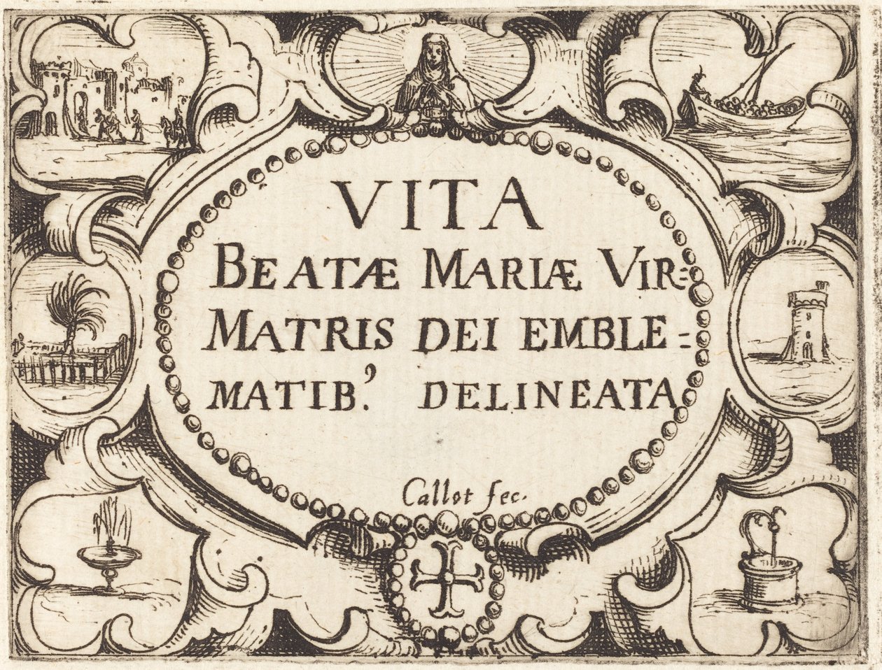 Tittelside for "Jomfruens liv i emblemer" av Jacques Callot
