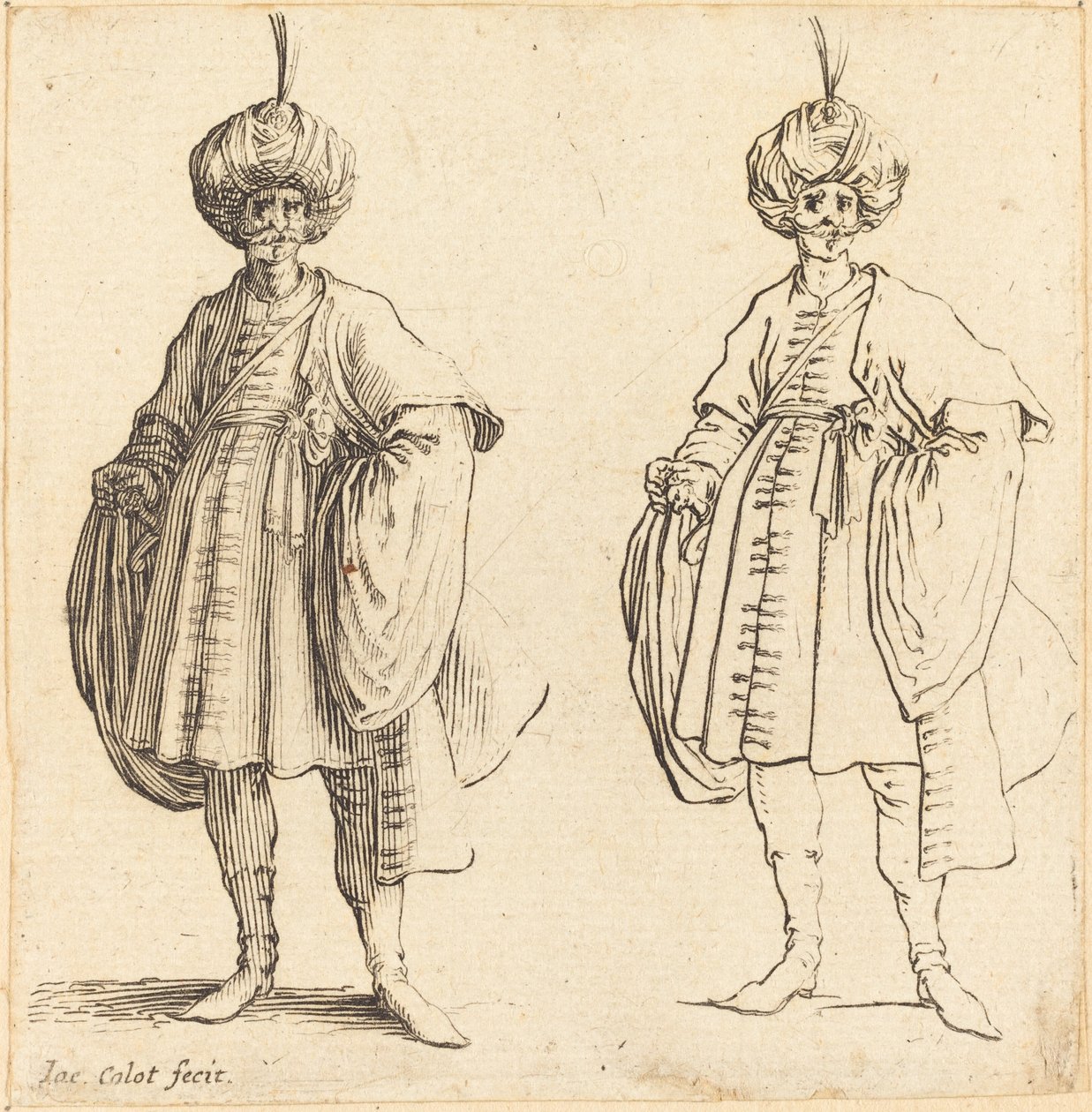 To tyrkere kledd i turbaner med en sky av Jacques Callot