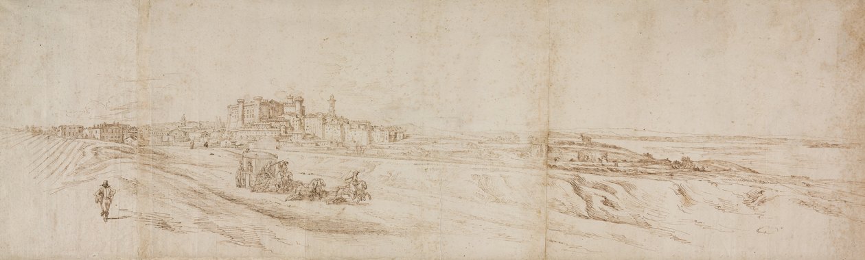 Utsikt over Castello Bracciano, nær Roma med buss og figurer av Jacques Callot