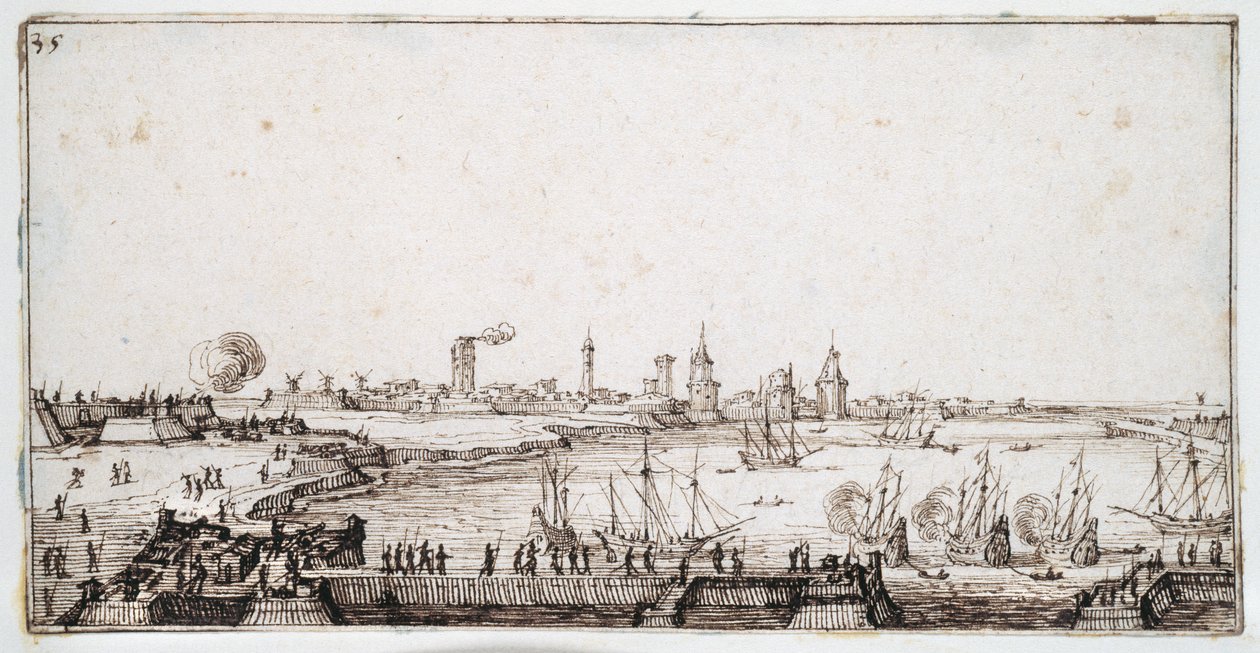 Utsikt over havnen i La Rochelle med galleoner som avfyrer en salutt (penn og brunt blekk på papir) av Jacques Callot