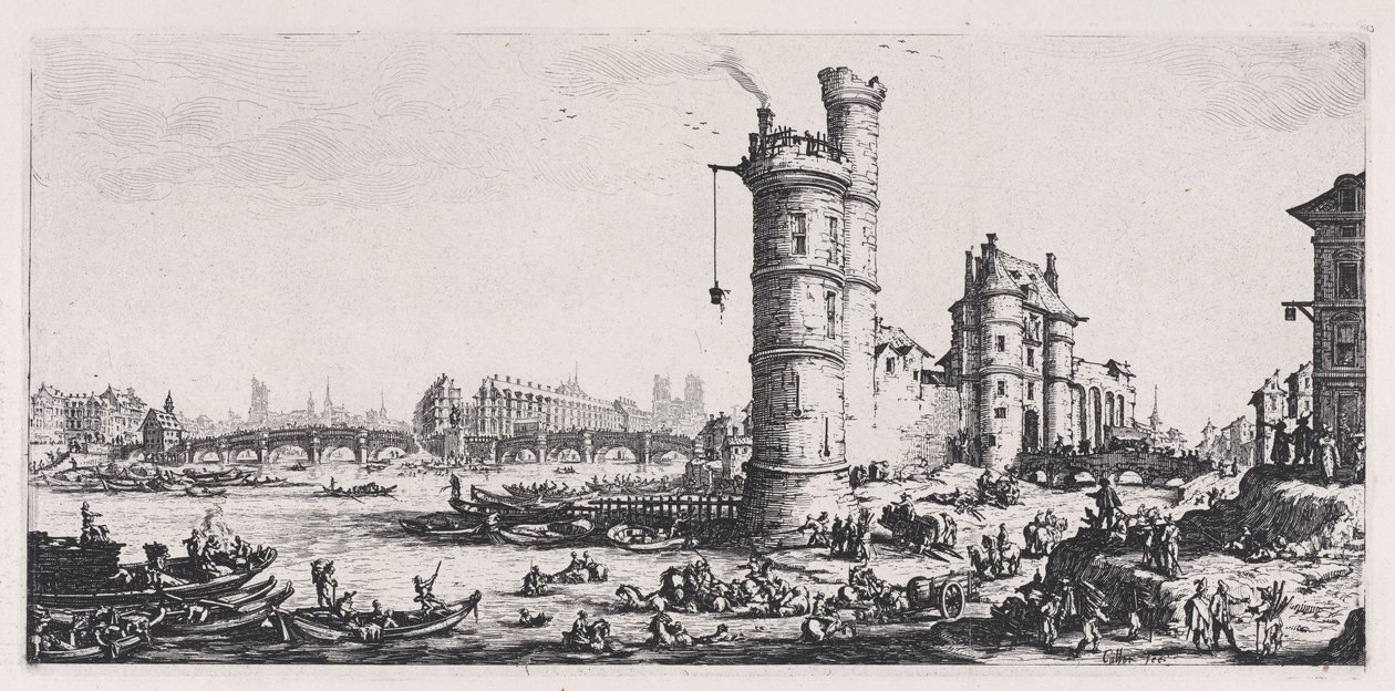 Utsikt over Pont-Neuf, fra «De to store utsiktene over Paris» av Jacques Callot