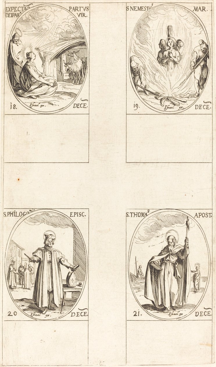 Venter på at jomfruen skal føde; St. Nemesius; St. Philogonius; St. Thomas av Jacques Callot