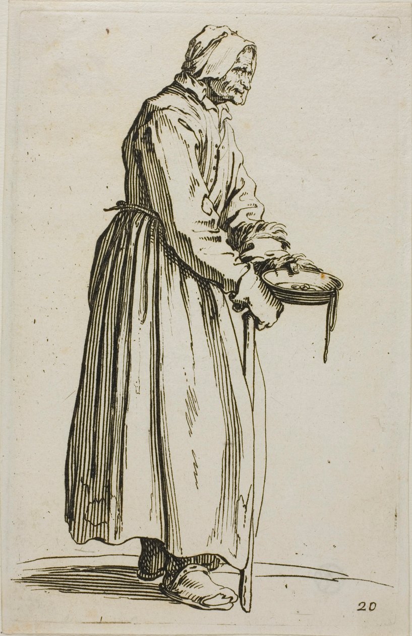 Woman Beggar Holding Alms, tallerken 20 fra The Beggars av Jacques Callot