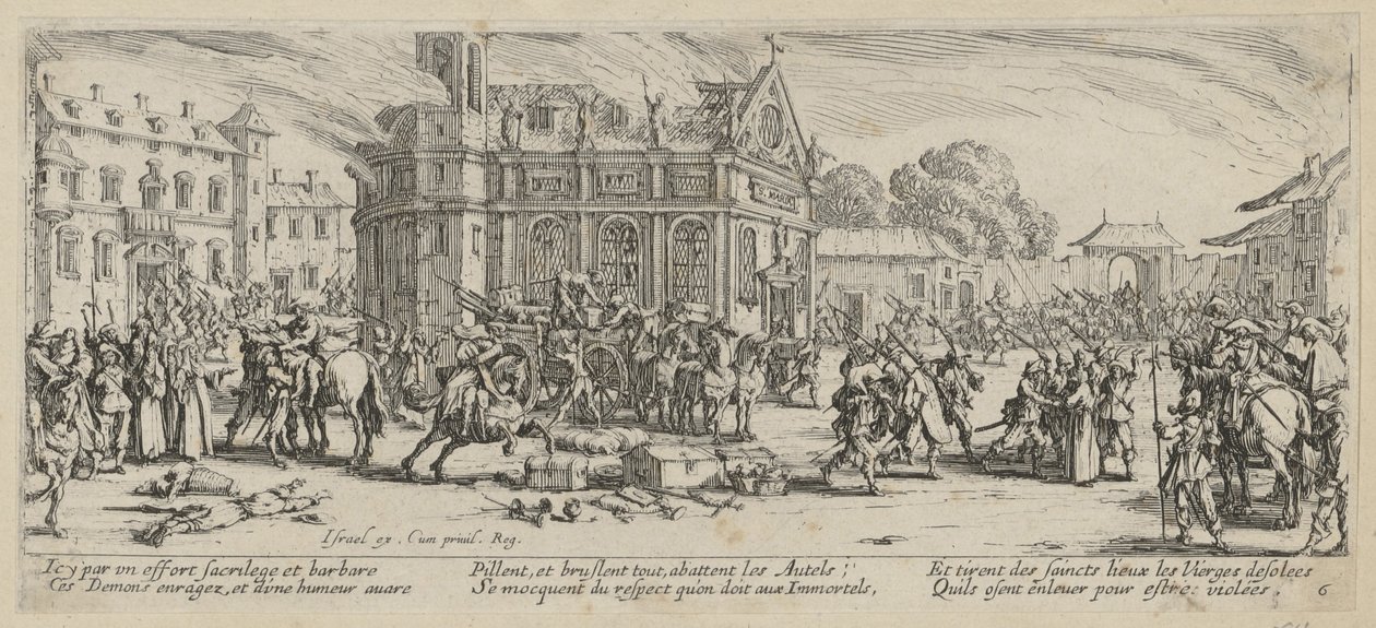 Ødeleggelsen av et kloster, blad 6 i serien «Krigens grusomheter» av Jacques Callot
