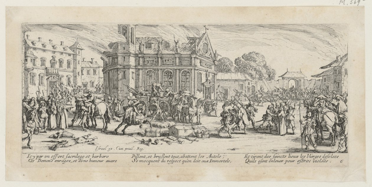 Ødeleggelsen av et kloster, blad 6 i serien «Krigens redsler» av Jacques Callot
