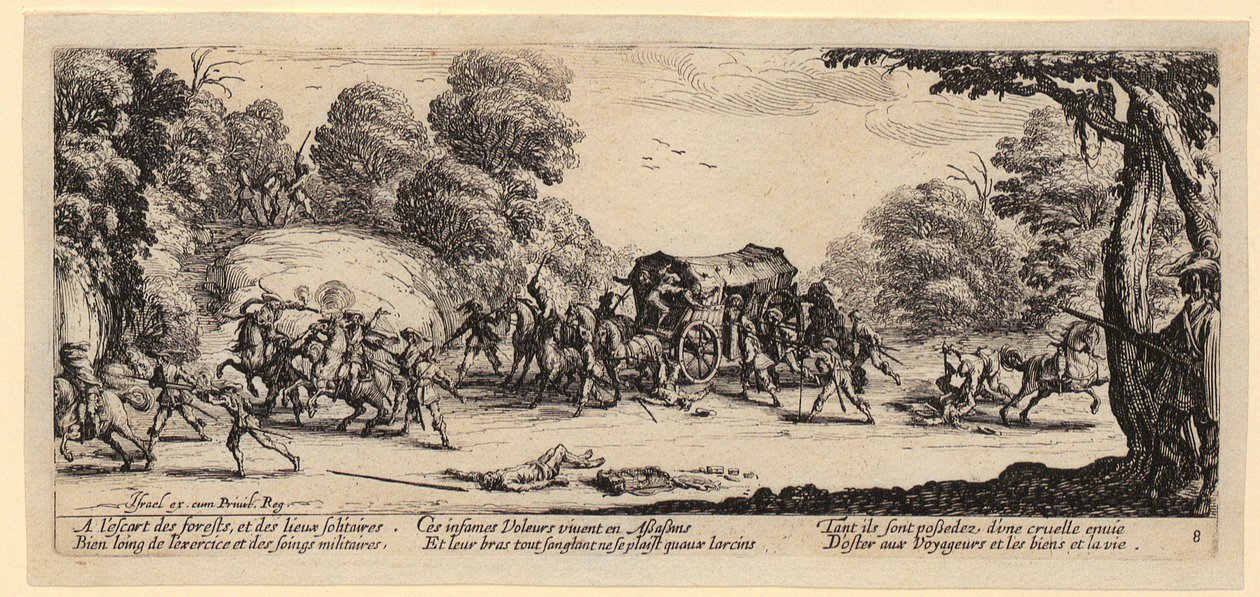Angrep på en postvogn, side 8 i serien «Krigens grå sider» av Jacques Callot