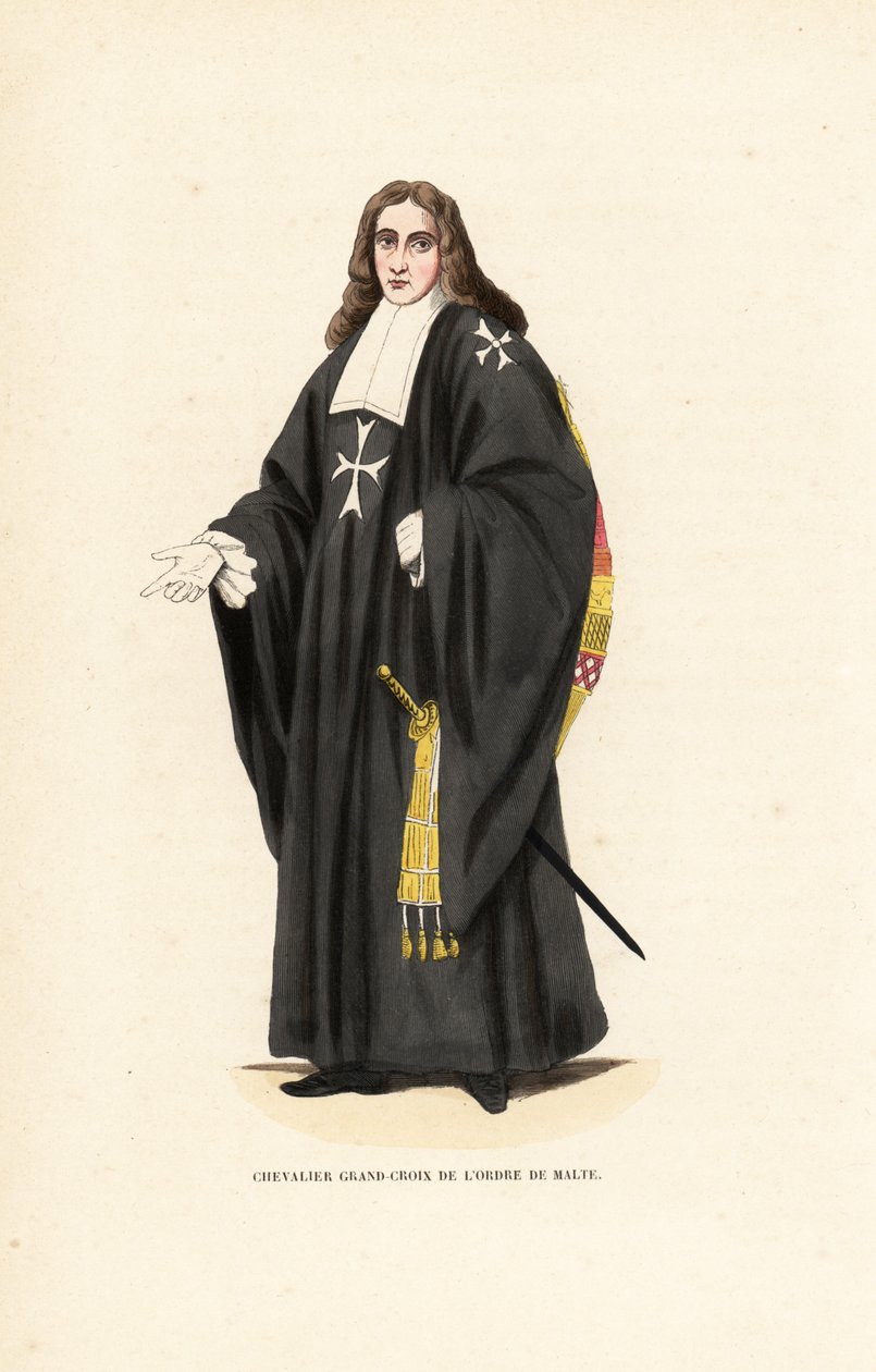 Grand Cross of the Knights Hospitaller, Order of Malta, Order of Knights of Hospital of Saint John of Jerusalem, Chevalier Grand-Croix de l’Ordre de Malte. Håndfarget treblokkgravering etter en illustrasjon av Jacques Charles Bar fra Abbot Tiron