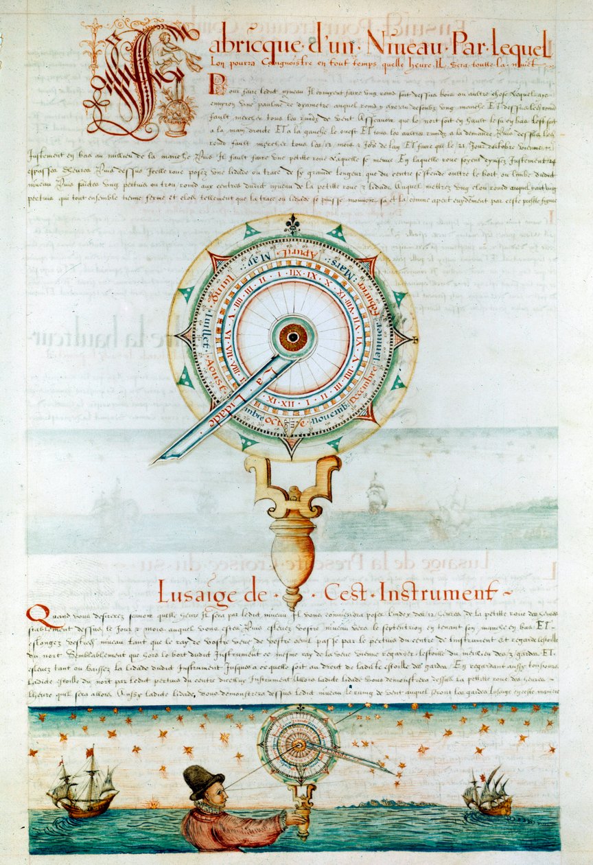 Navigasjonsinstrumenter: navigator som bruker en astrolabium. Siden hentet fra "" Les Premieres Works de Jacques Devaulx Pilot en la Marine"" av Jacques de Vaulx (1500-tallet) av Jacques Devaulx