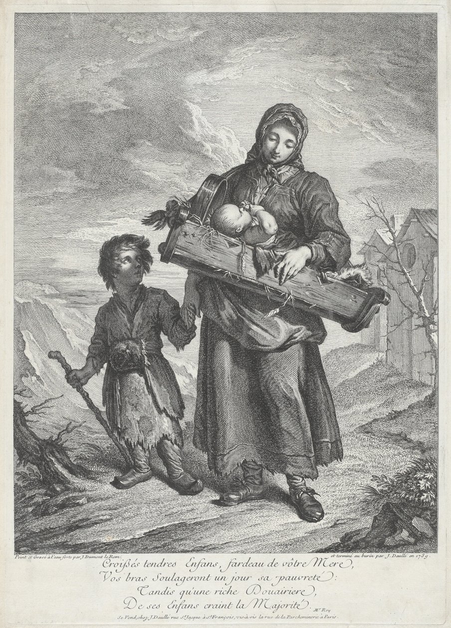 En ung mor som bærer en barneseng av Jacques Dumont Le Romain, finished by Jean Daullé