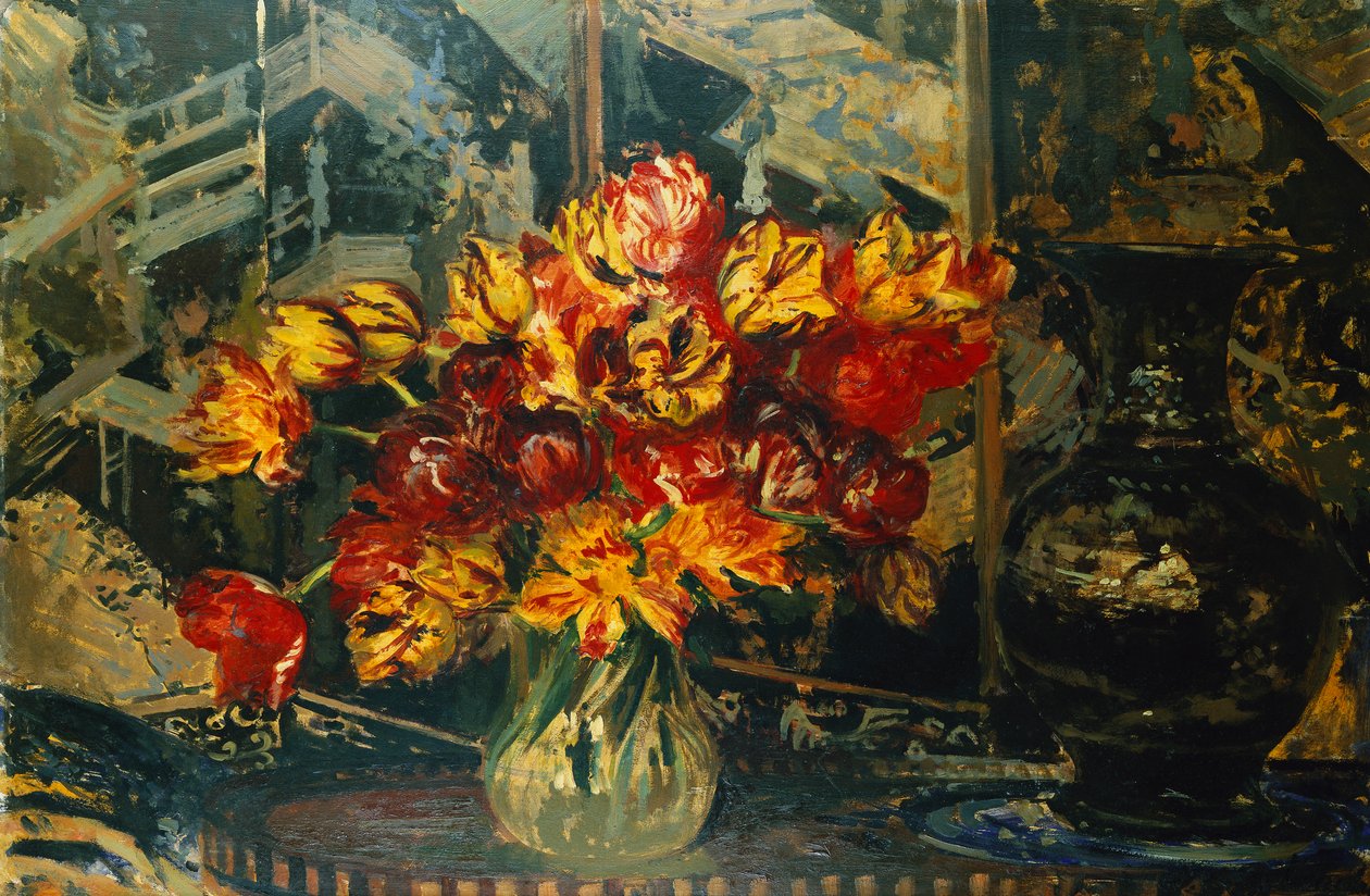 En haug med tulipaner og en skjerm; Bouquet de Tulipes au Paravent, av Jacques Emile Blanche