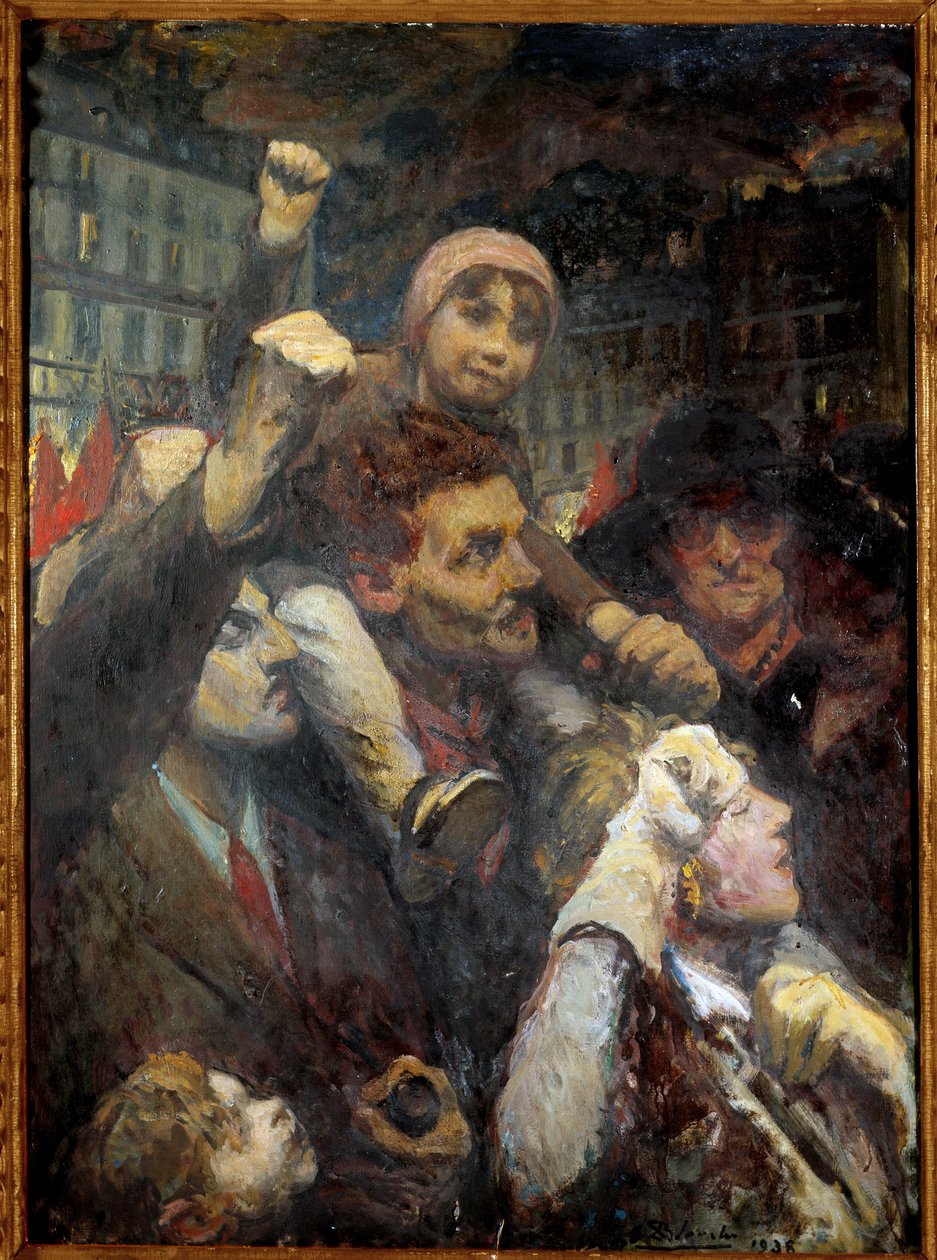 Folkefronten: "" Folkelig demonstrasjon i Paris i 1938"" Parisere i alle aldre løfter neven som et tegn på venstreorientert politisk engasjement i Paris gater. Maleri av Jacques Emile (Jacques-Emile) Blanche (1861-1942) 1938 Søn. 1,15x0,42 m Pa av Jacques Emile Blanche
