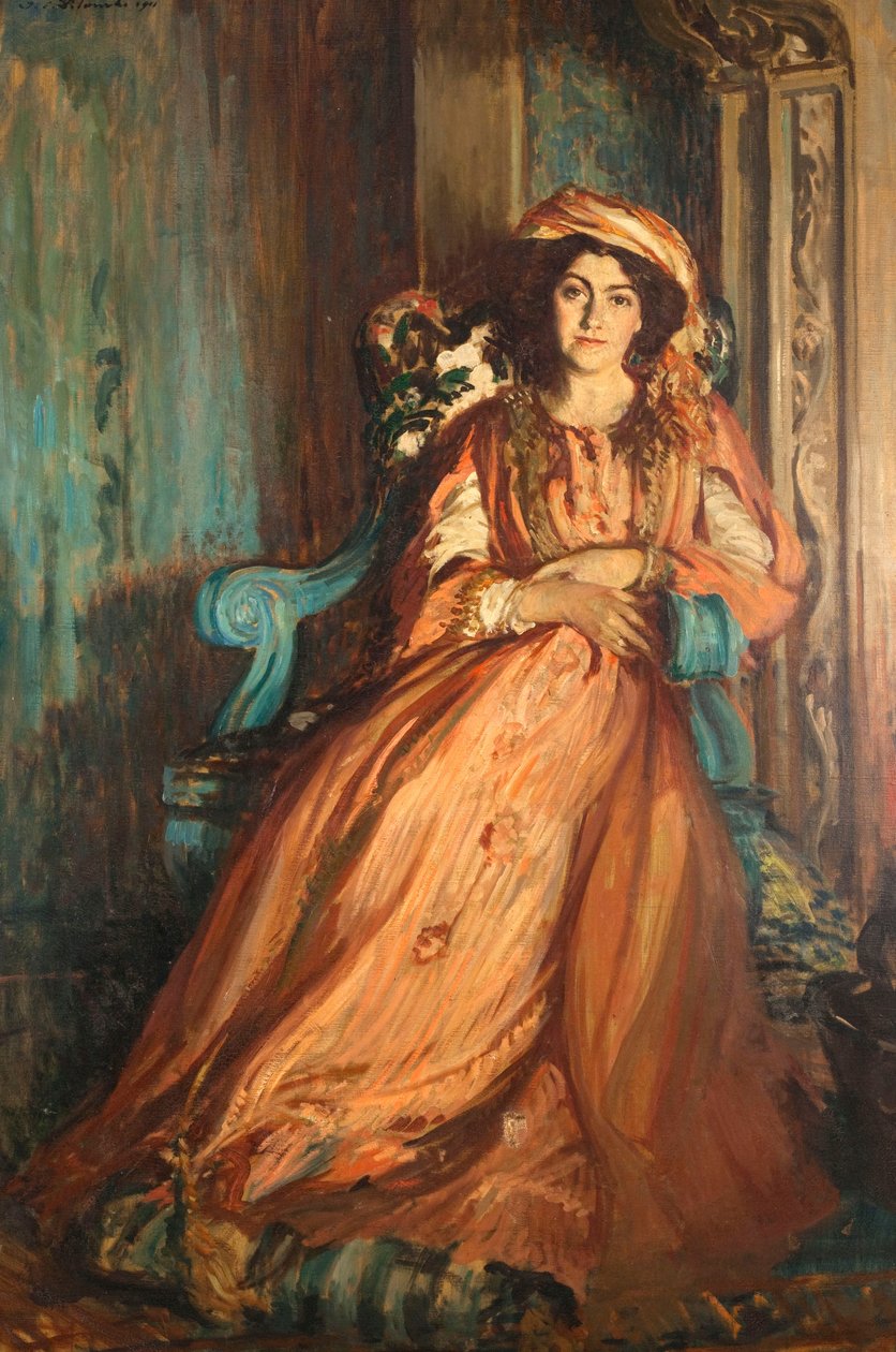 Portrett av Mabel Dodge Luhan 1879-1962 ved Villa Curonia nær Firenze, 1911. av Jacques Emile Blanche