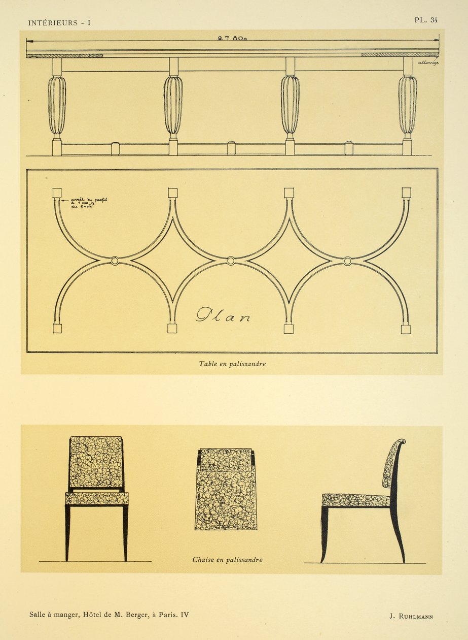 Spisestue IV, Hotel de M. Berger, i Paris, illustrasjon fra 'Interieurs' av Leon Moussinac, pub. Albert Levy, 1924-26 av Jacques Emile Ruhlmann