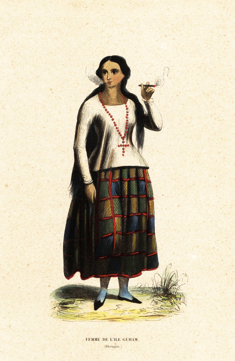 Chamorro-kvinne på øya Guam, Mariana-øyene, Mikronesia av Jacques Etienne Victor (after) Arago