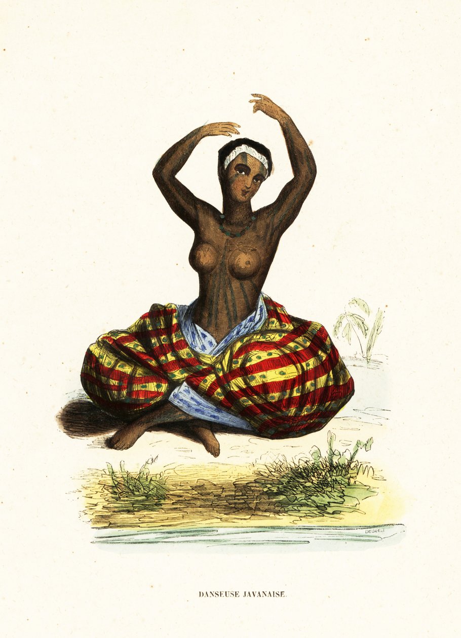 Tatoveret og barbrystet ung kvinne som danser en hula mens hun sitter på bakken av Jacques Etienne Victor (after) Arago