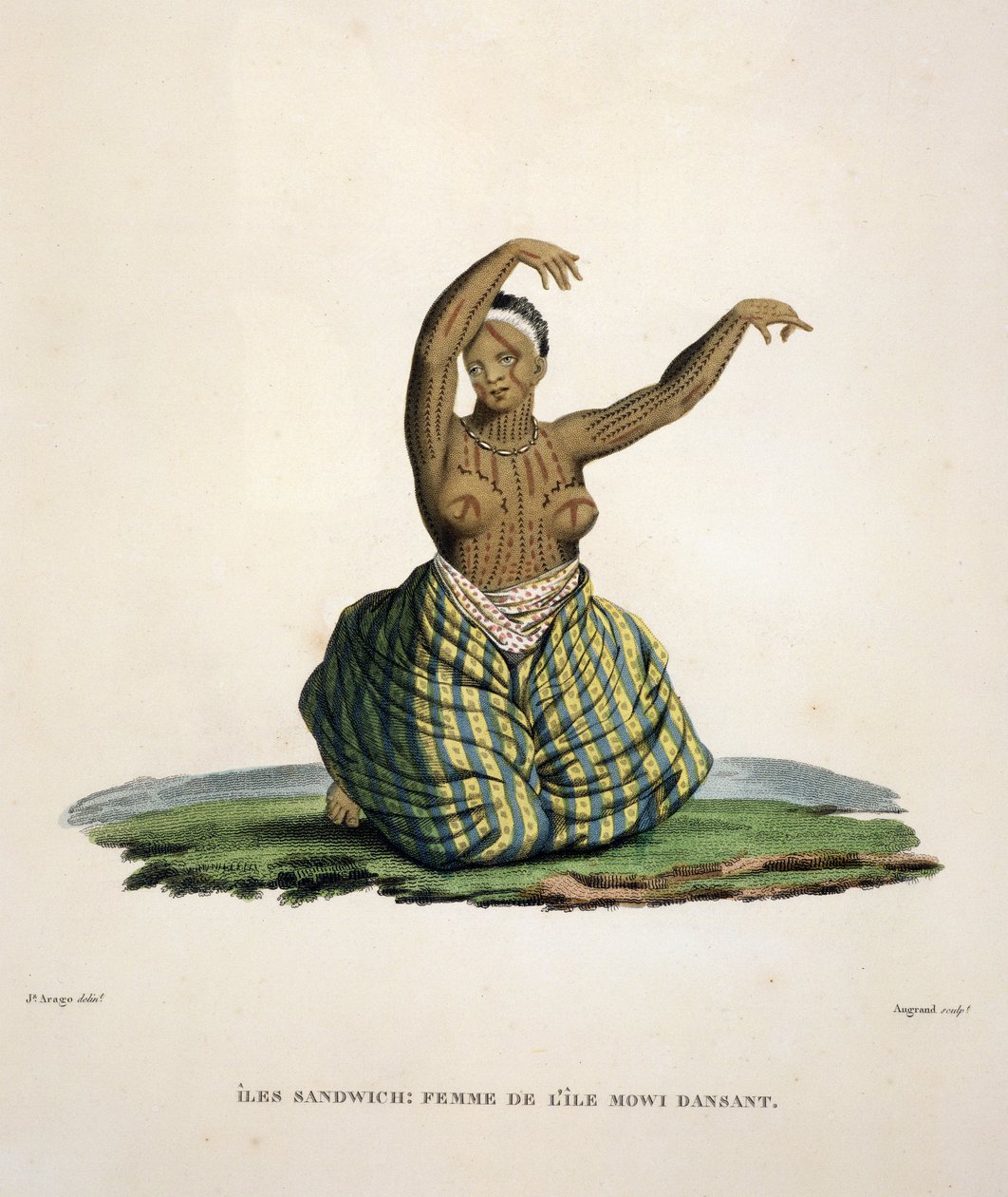 Dansende kvinne fra øya Maui, på Hawaii-øyene, gravert av Parfait Augrand (f.1782) av Jacques Etienne Victor Arago