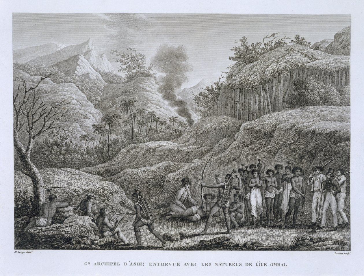 Great Asian Archipelago: Franske oppdagere med innfødte på øya Ombai, fra Voyage Autour du Monde (1817-20), av Louis Claude De Saulces de Freycinet (1779-1842) gravert av Bovinet, utgitt av Jacques Etienne Victor Arago