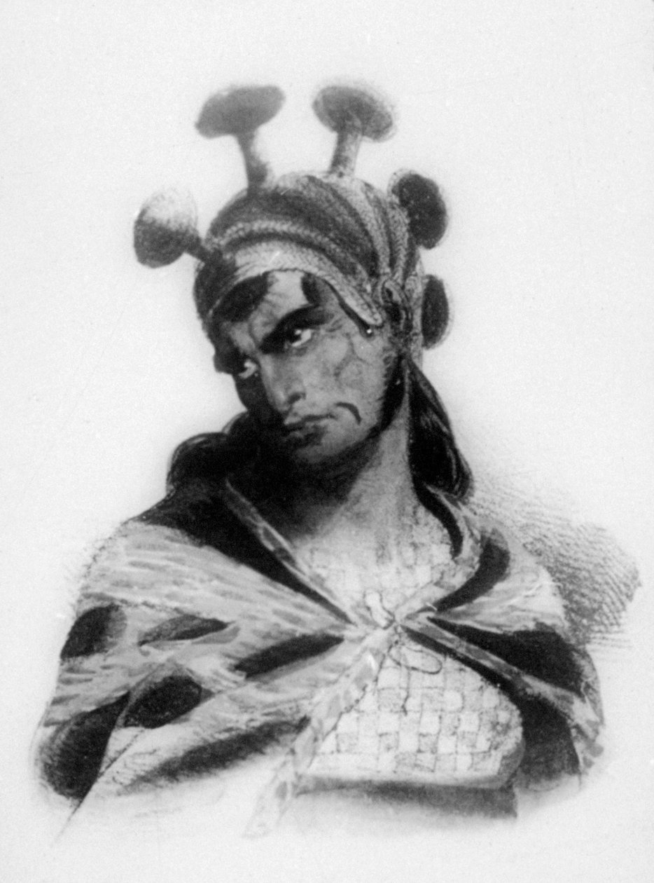 Hawaiisk kriger iført hjelm med sopppyntet emblem, 1819 av Jacques Etienne Victor Arago