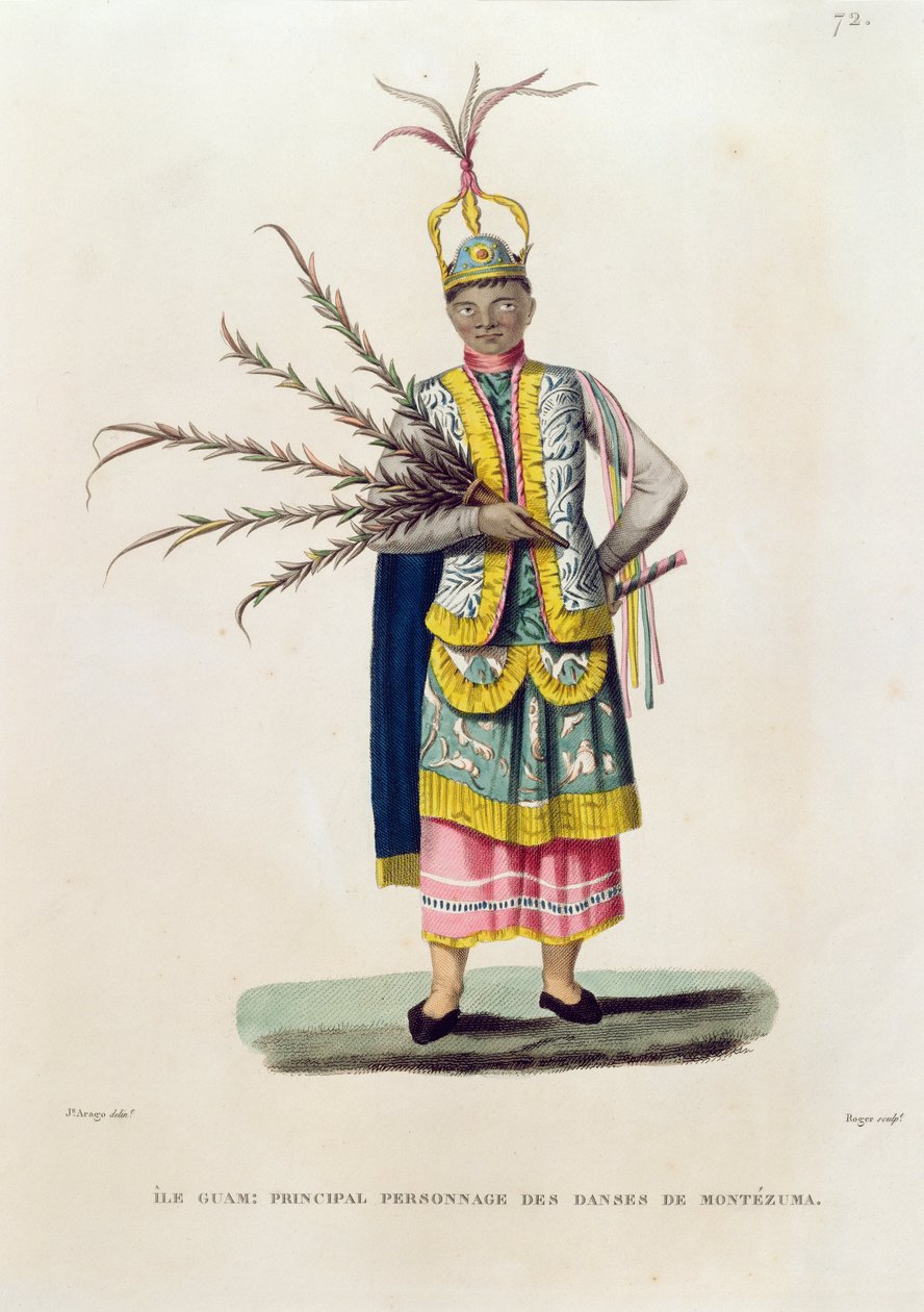 Island of Guam: Hovedperson fra dansene til Montezuma, fra "Voyage Around the World on the Corvettes of Urania 1817-20" gravert av Roger, utgitt 1825 av Jacques Etienne Victor Arago