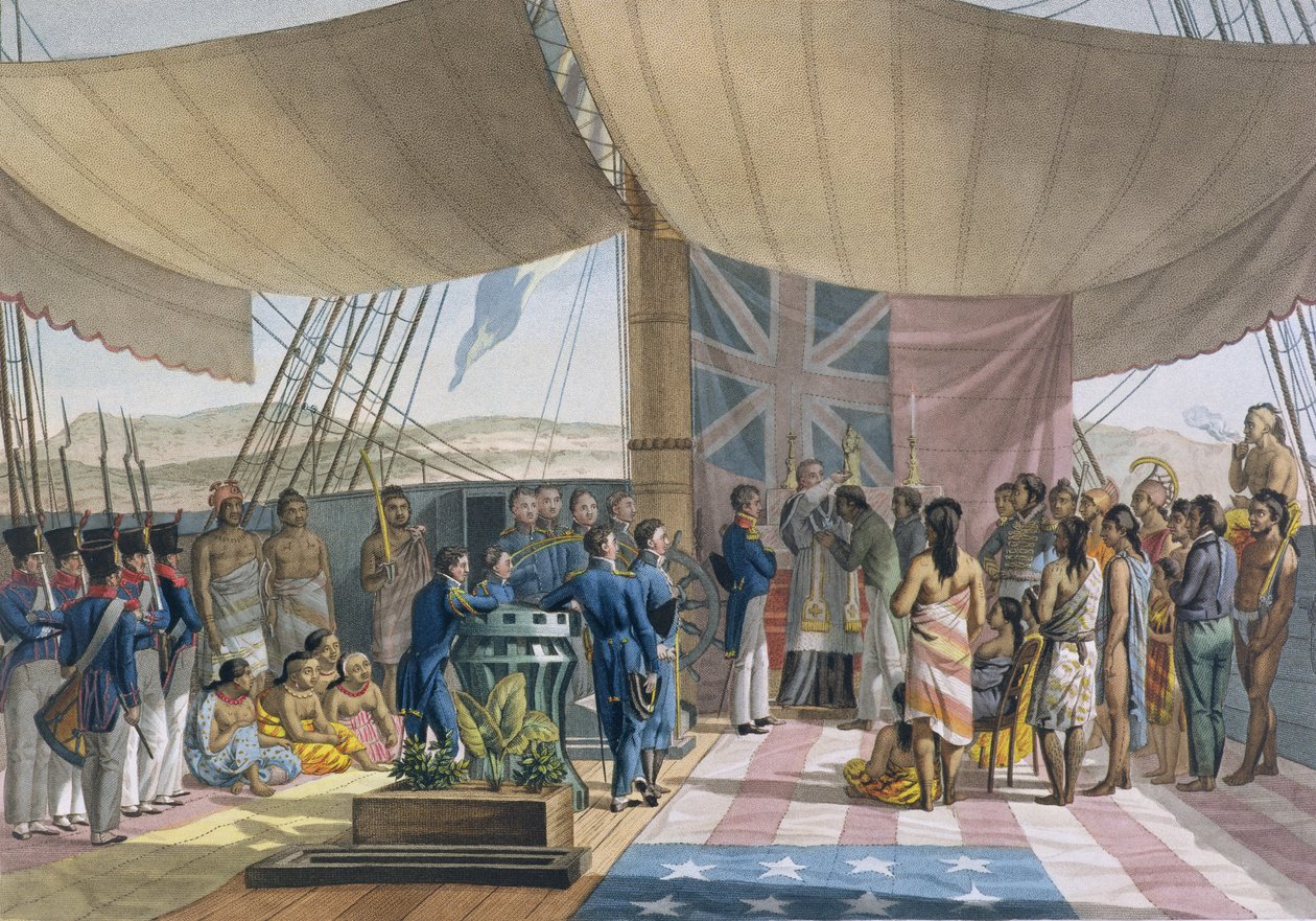 Sandwichøyene: Dåpen til kongens statsminister om bord på Uranie, fra Voyage Autour du Monde sur les Corvettes de LUranie 1817-20 gravert av Lerouge and Forget, utgitt 1825 ( av Jacques Etienne Victor Arago