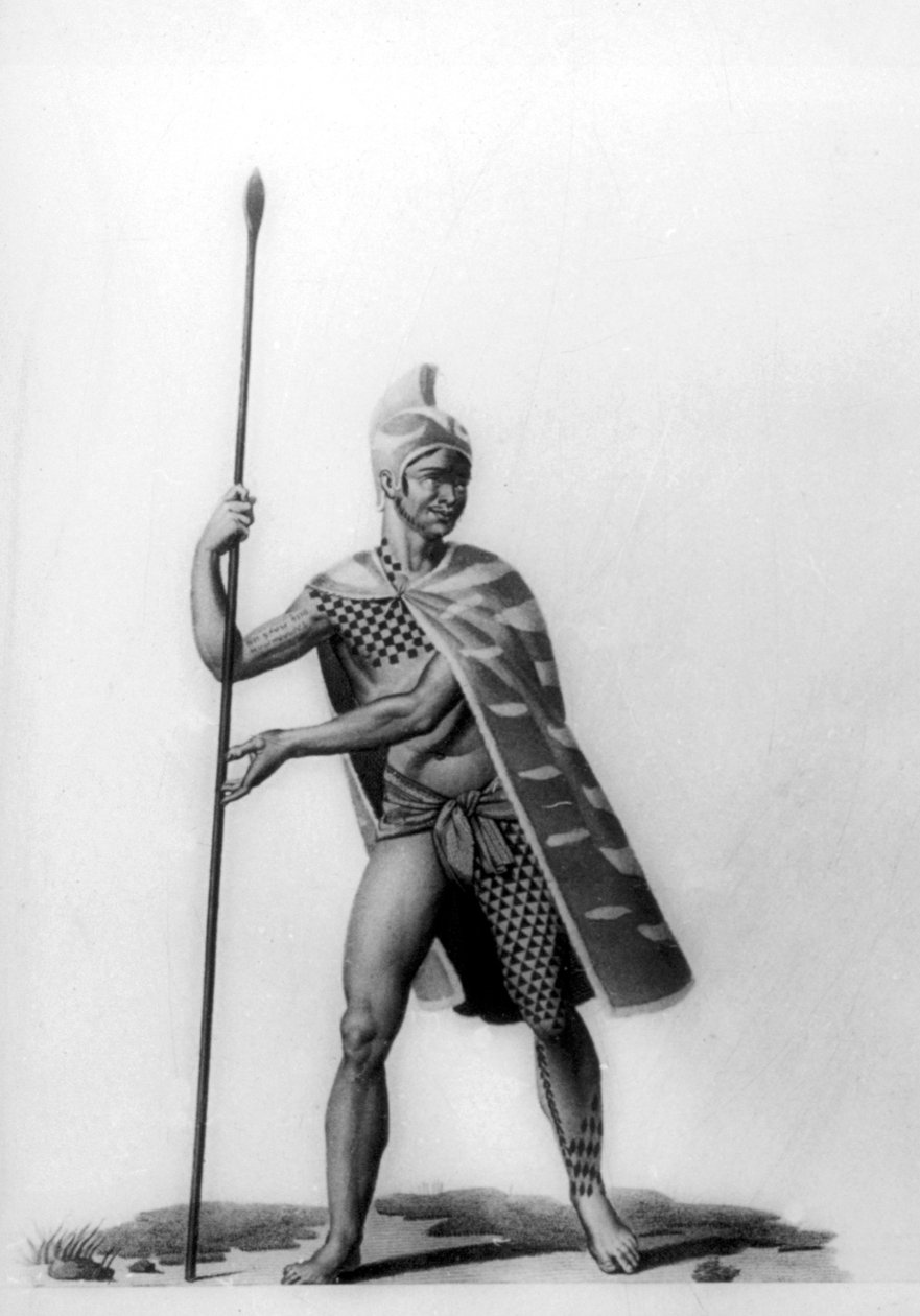 Ung offiser iført et typisk kostyme fra malo, Hawaii, 1819 av Jacques Etienne Victor Arago