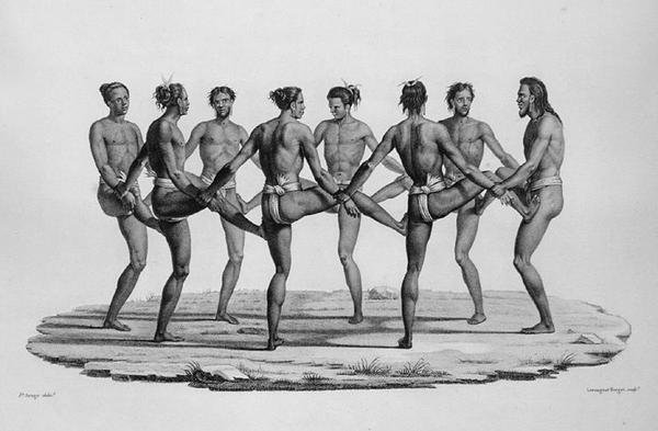 Native Dance in the Caroline Islands, fra Voyage Autour du Monde sur les Corvettes de LUranie 1817-20 gravert av Lerouge and Forget, utgitt 1825 av Jacques Etienne Victor after Arago