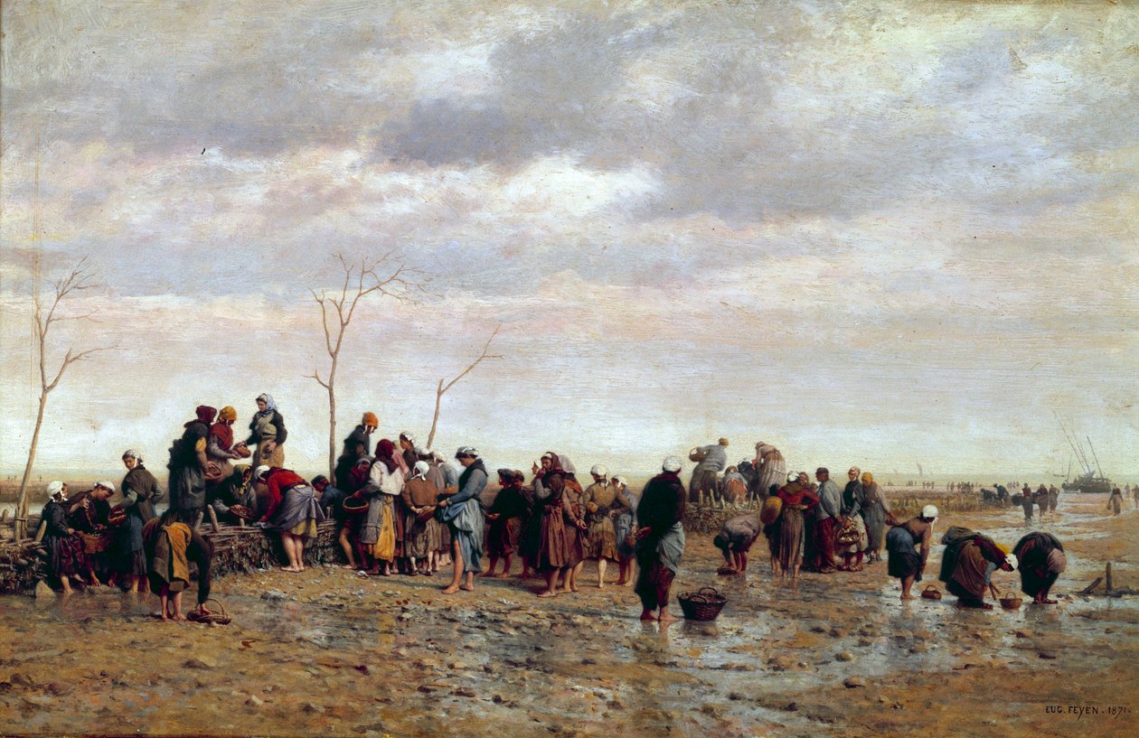 Havsankerne. Osterikultur: kvinner samler østers ved lav hoppe. Maleri av Eugene Feyen (1815-1908) av Jacques Eugene Feyen