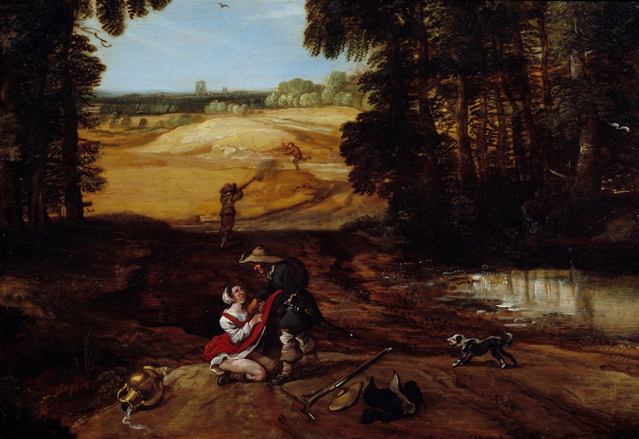 Bakhold. Noen røvere i skogen forkynner for å voldta en kvinne. Maleri av Jacques Fouquieres (1580-1659) av Jacques Fouquieres