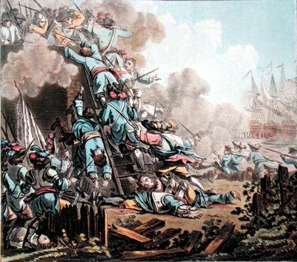 Fangst av fortet San Salvador, Sicilia (1674), gravert av Jean Baptiste Morret (fl.1790-1820) av Jacques Francois Joseph (after) Swebach