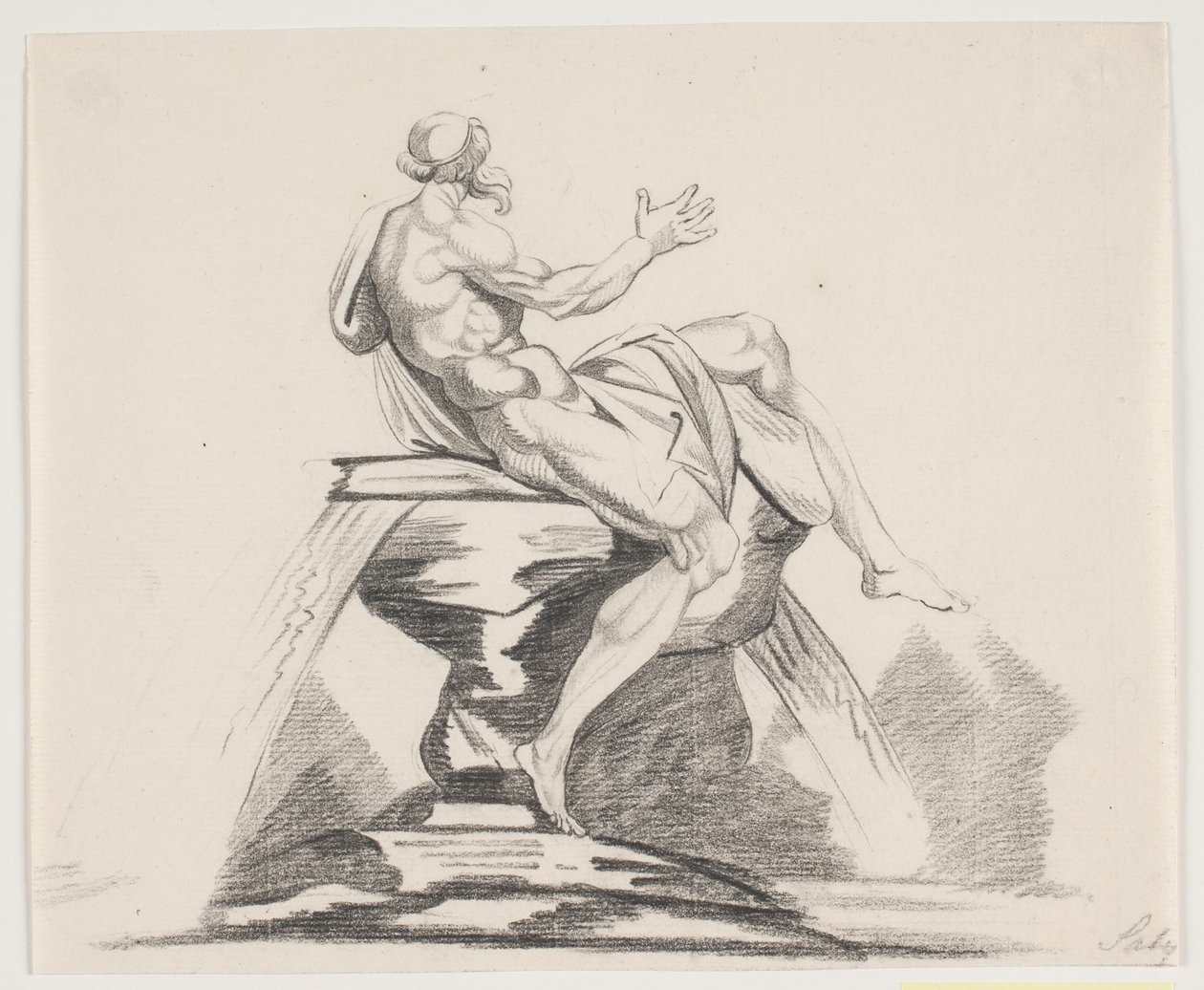 Mannlig skjeggete figur i kapper sett bakfra på en fontene av Jacques Francois Joseph Saly