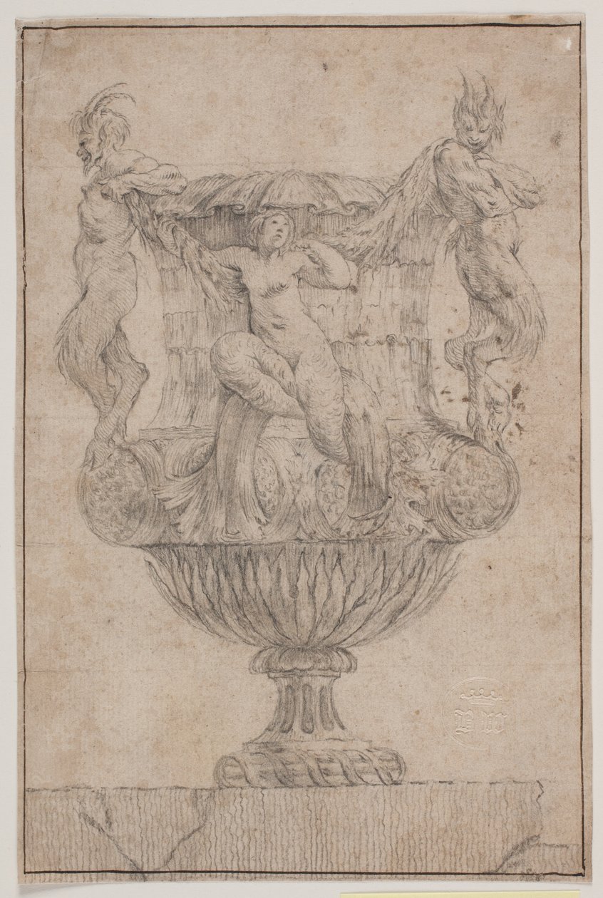 Dekorativ vase med Pan, faun og nymfe. Kopi etter Pl. 14 i suiten med vaser designet av Saly i 1746. "Vasa a se inventa..." av Jacques Francois Joseph Saly