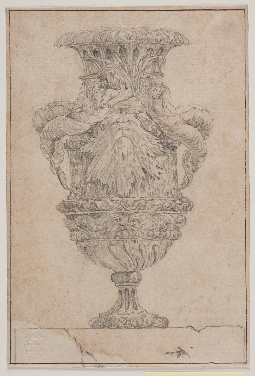 Prydvase med stort hode, havgud og vannymfe. Kopi etter Pl. 26 i suiten med vaser designet av Saly i 1746. "Vasa a se inventa..." av Jacques Francois Joseph Saly
