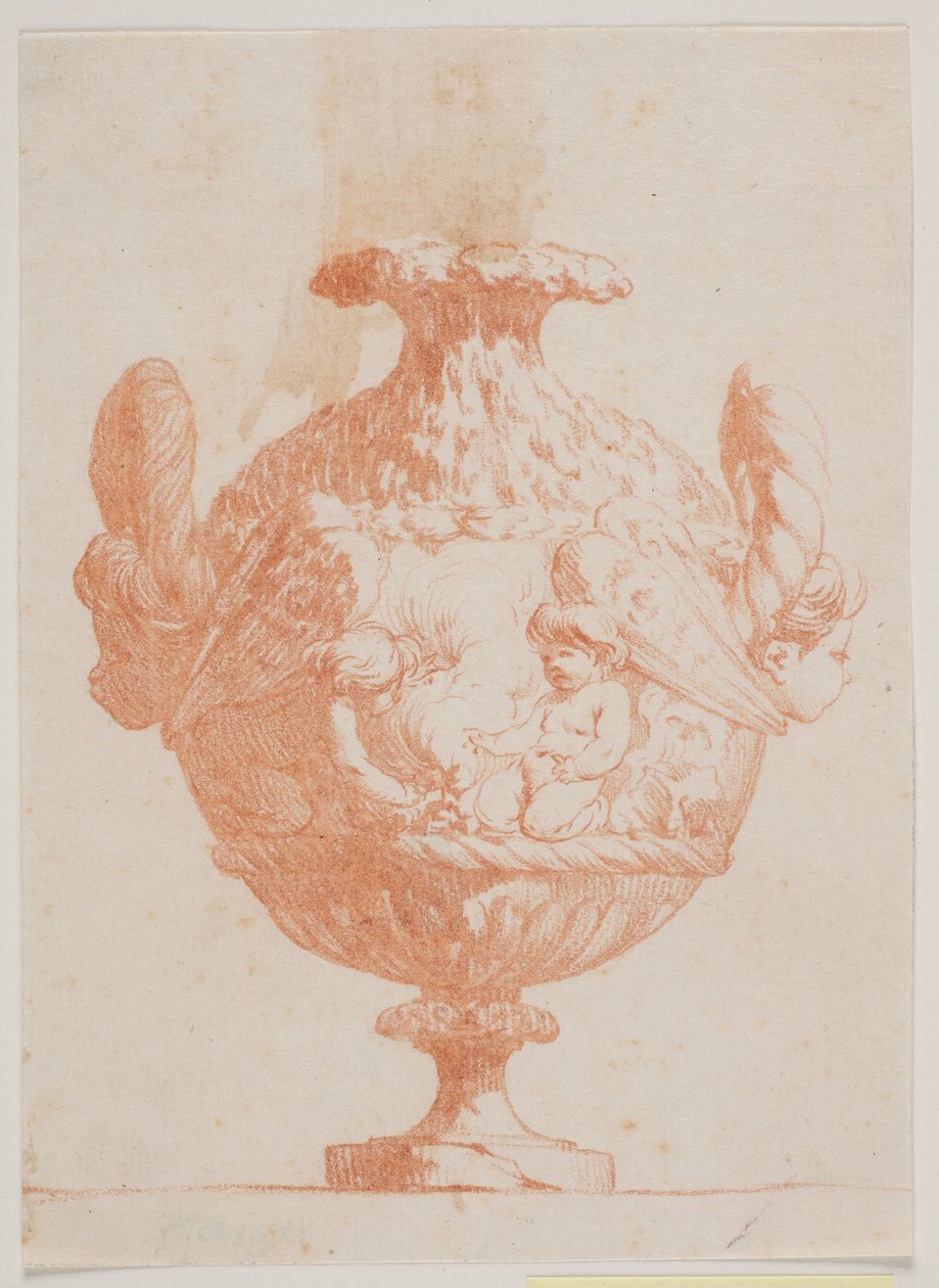 Dekorativ vase med to hoder og to putter. Kopi etter pl. 19 i suiten med vaser designet av Saly i 1746. "Vasa a se inventa..." av Jacques Francois Joseph Saly