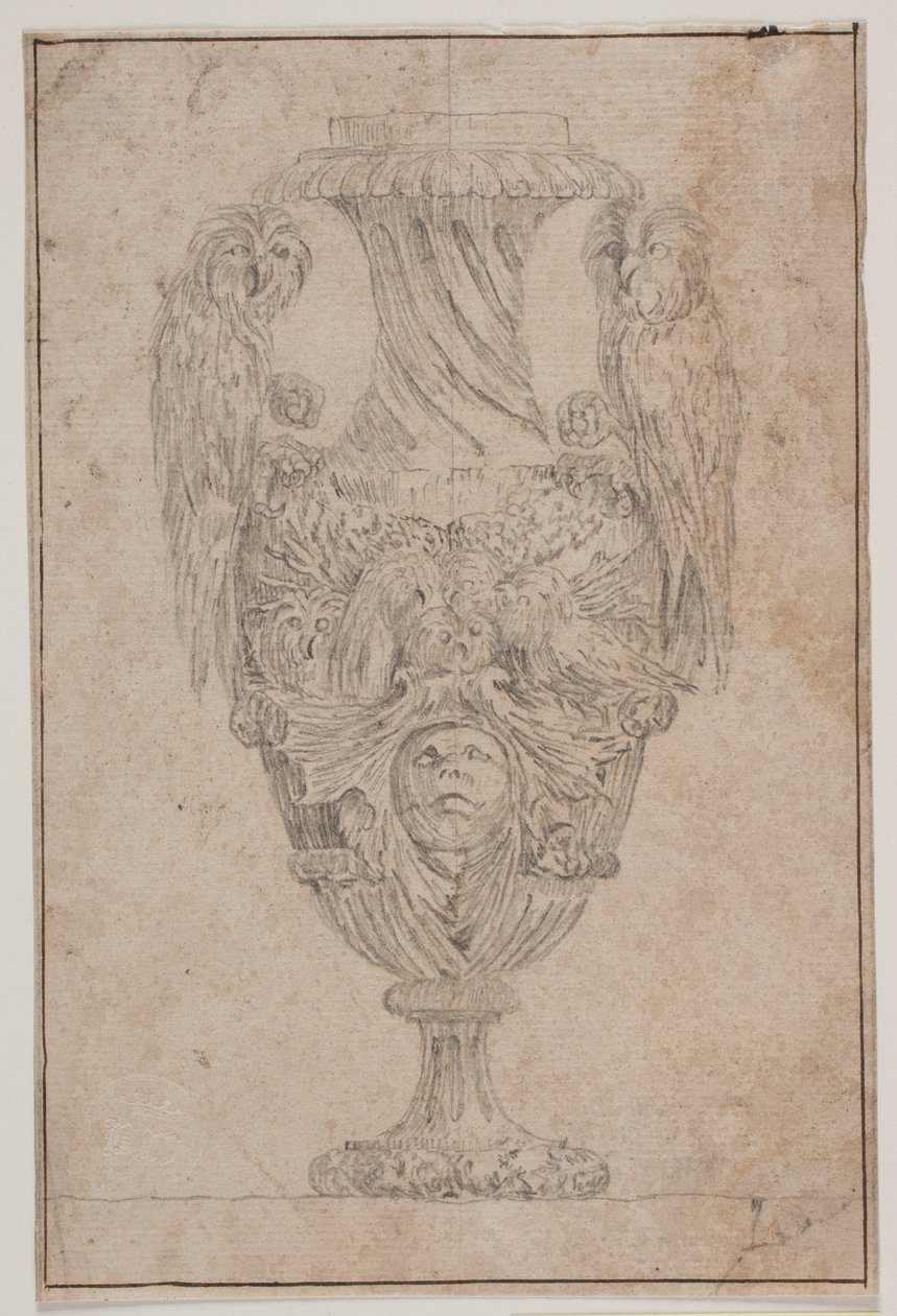 Dekorativ vase med to ugler og et hode. Kopi etter Pl. 15 i suiten med vaser tegnet av Saly i 1746, "Vasa a se inventa..." av Jacques Francois Joseph Saly